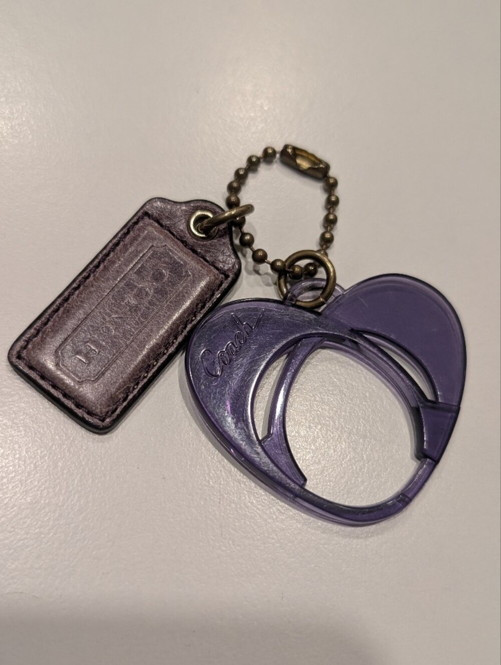 Vintage Coach Poppy Purple Acrylic Heart & Leather Hangtag Bag Charm Keychain